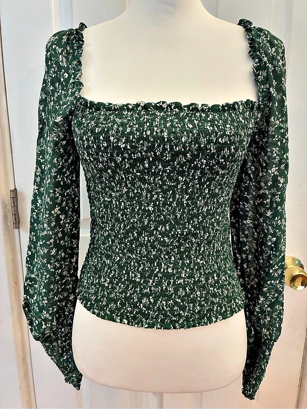 Reformation Pinto Smocked Top Green Floral Long Sleeve Square Neck Blouse S Boho